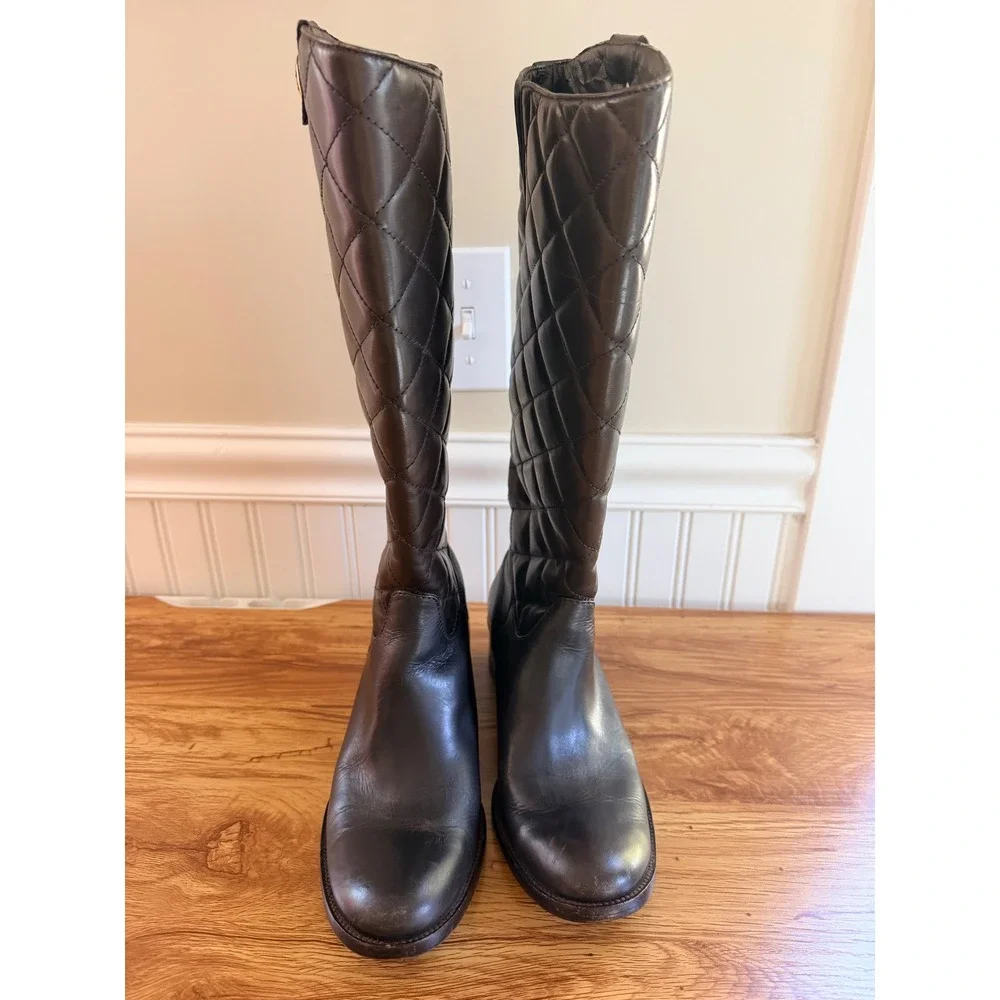 Tory Burch Kiernan Quilted Leather Riding Boots Brown Logo 8.5M